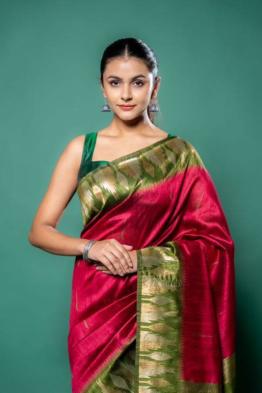 Mehndi Magenta Cotton Silk Saree With Unstitched Blouse