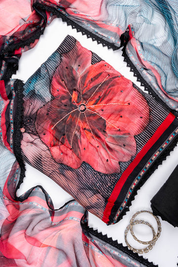 Black Organza Unstitched Salwar Suit With Chiffon Dupatta