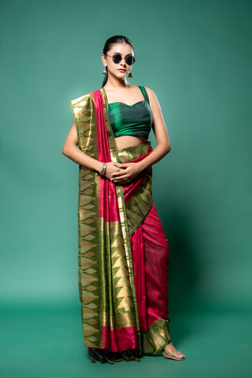 Mehndi Magenta Cotton Silk Saree With Unstitched Blouse