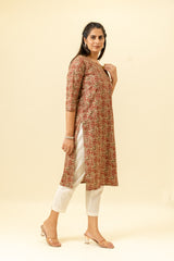 Maroon Floral Printed Cotton Long Kurta