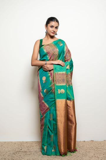 Rama South Silk Saree With Unstitched Blouse