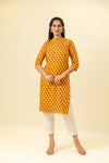 Mustard Floral Printed Cotton Readymade Long Kurta