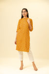 Mustard Floral Printed Cotton Readymade Long Kurta