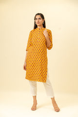 Mustard Floral Printed Cotton Long Kurta