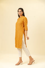 Mustard Floral Printed Cotton Long Kurta