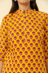 Mustard Floral Printed Cotton Long Kurta