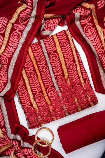 Maroon Pashmina Unstitched Salwar Suit With Pashmina Dupatta