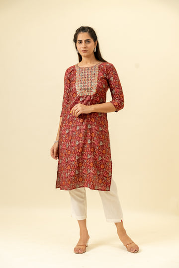 Maroon Digital Printed Cotton Readymade Long Kurta