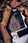 Navy Blue Pashmina Unstitched Salwar Suit With Pashmina Dupatta