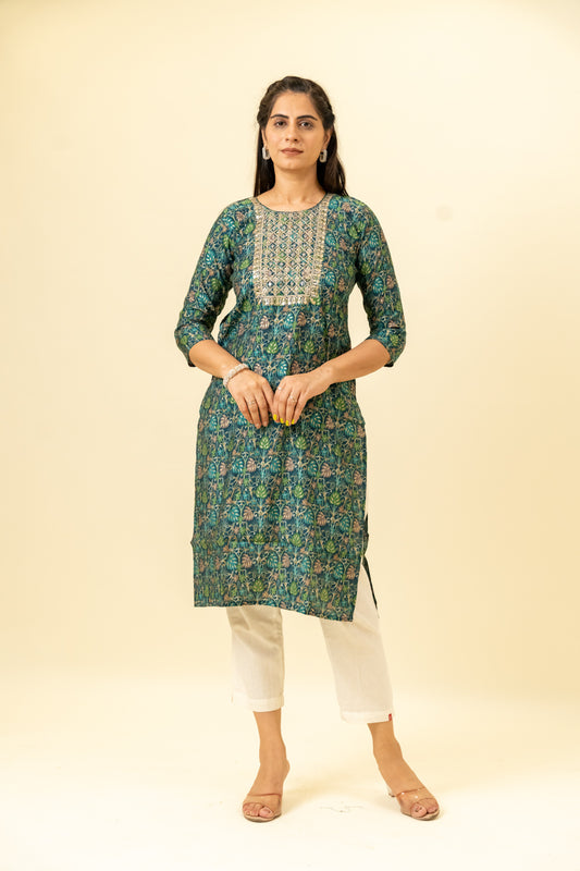 Peacock Blue Digital Printed Cotton Readymade Long Kurta