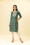 Peacock Blue Digital Printed Cotton Readymade Long Kurta