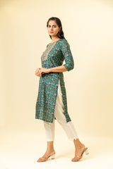 Peacock Blue Digital Printed Cotton Long Kurta