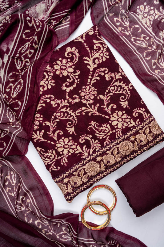 Garnet Pashmina Unstitched Salwar Suit With Cotton Dupatta
