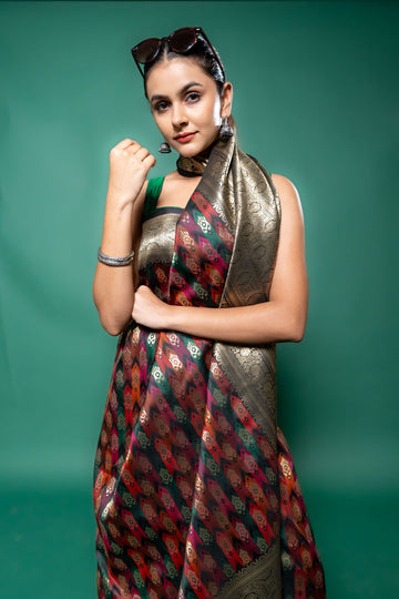 Garnet Banarasi Silk Saree With Unstitched Blouse