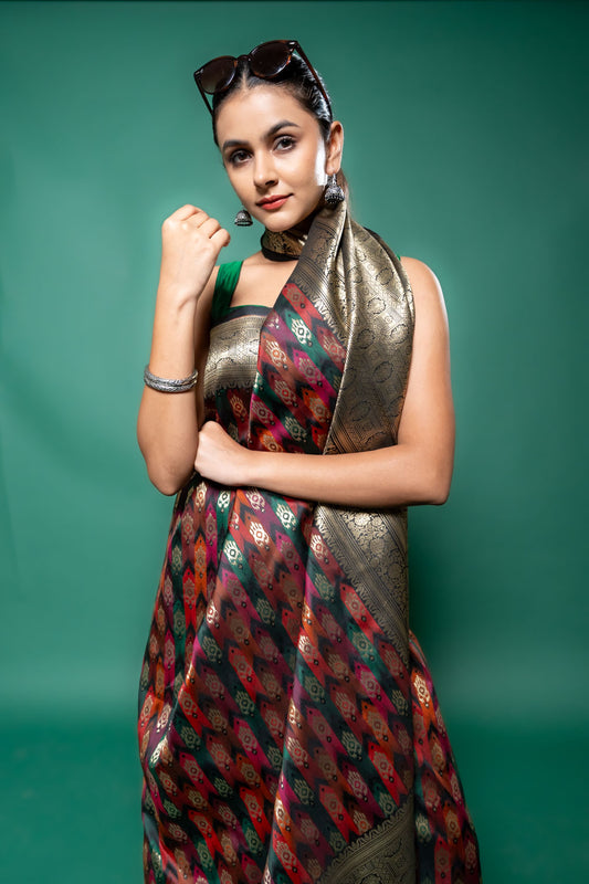 Garnet Banarasi Silk Saree With Unstitched Blouse