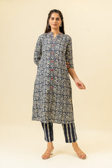 Midnight Blue Digital Printed Cotton Kurti With Pant