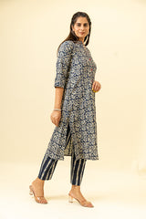 Midnight Blue Digital Printed Cotton Kurti With Pant