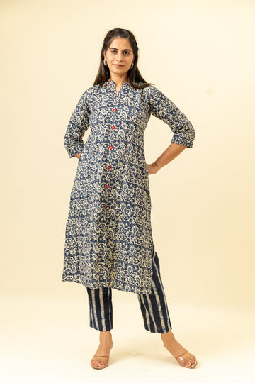 Midnight Blue Digital Printed Cotton Readymade Suit With Pant