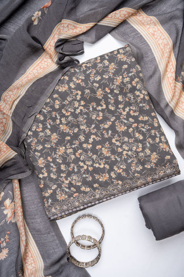 Grey Pashmina Unstitched Salwar Suit With Cotton Dupatta