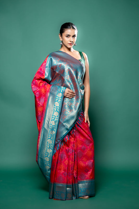Rani Rama South Silk Patola Printed Saree With Unstitched Blouse