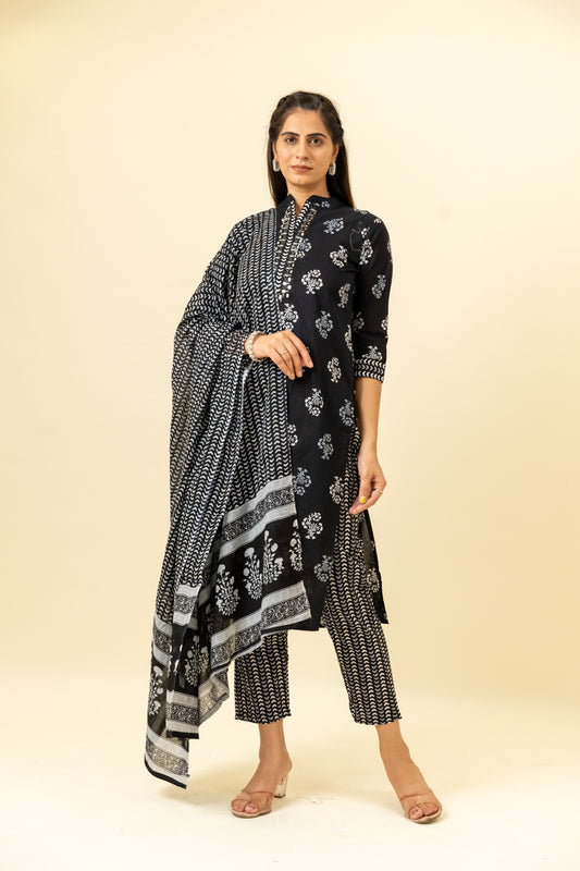 Black Cotton Readymade Suit And Pant With Cotton Dupatta