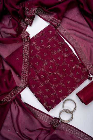 Garnet Organza Unstitched Salwar Suit With Organza Dupatta