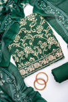 Bottle Green Pashmina Unstitched Salwar Suit With Cotton Dupatta