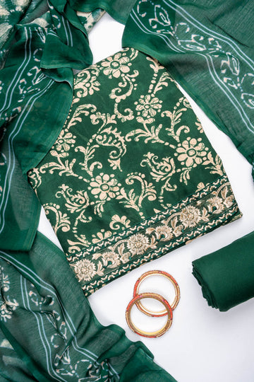 Bottle Green Pashmina Unstitched Salwar Suit With Cotton Dupatta