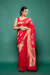 Coral Chinon Zari Border Saree With Unstitched Blouse