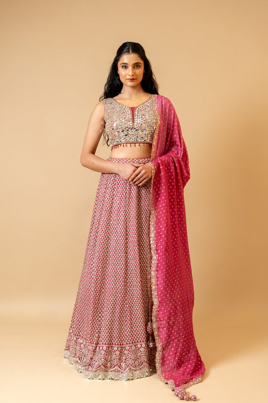 Dark Gajari Georgette Lehenga Set With Readymade Blouse