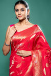 Coral Chinon Zari Border Saree With Unstitched Blouse