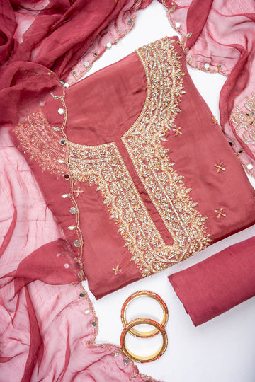 Delicate And Dreamy Dark Gajari Crepe Unstitched Salwar Kameez With Chiffon Dupatta