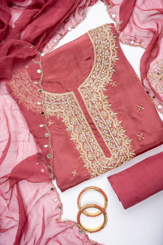 Delicate And Dreamy Dark Gajari Crepe Unstitched Salwar Kameez With Chiffon Dupatta