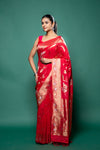 Coral Chinon Zari Border Saree With Unstitched Blouse