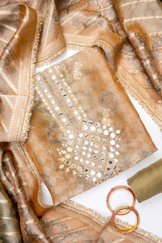 Mustard Organza Unstitched Salwar Suit With Organza Dupatta