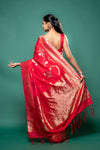 Coral Chinon Zari Border Saree With Unstitched Blouse