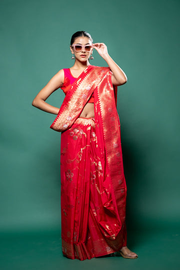 Coral Chinon Zari Border Saree With Unstitched Blouse