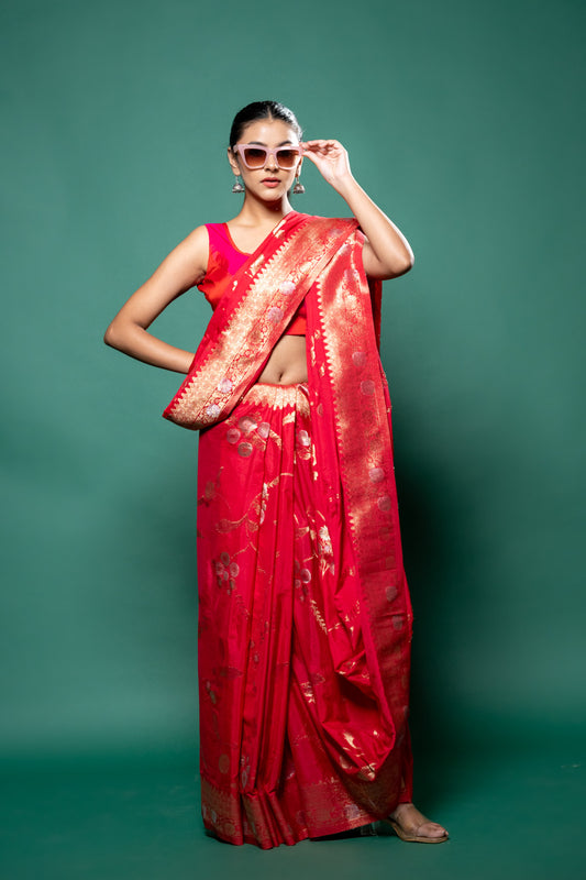 Coral Chinon Zari Border Saree With Unstitched Blouse