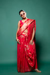 Coral Chinon Zari Border Saree With Unstitched Blouse