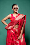 Coral Chinon Zari Border Saree With Unstitched Blouse