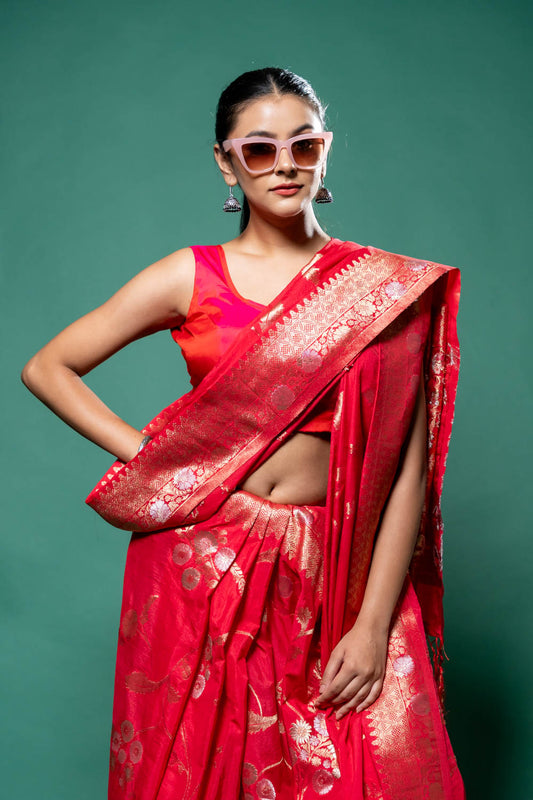 Coral Chinon Zari Border Saree With Unstitched Blouse
