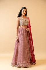 Dark Gajari Georgette Lehenga Set With Readymade Blouse