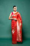 Red Banarasi Silk Saree With Unstitched Blouse