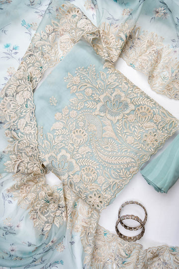 Tea Green Organza Unstitched Salwar Suit With Organza Dupatta