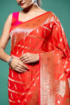 Red Banarasi Silk Saree With Unstitched Blouse