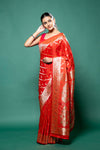 Red Banarasi Silk Saree With Unstitched Blouse