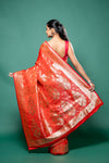 Red Banarasi Silk Saree With Unstitched Blouse