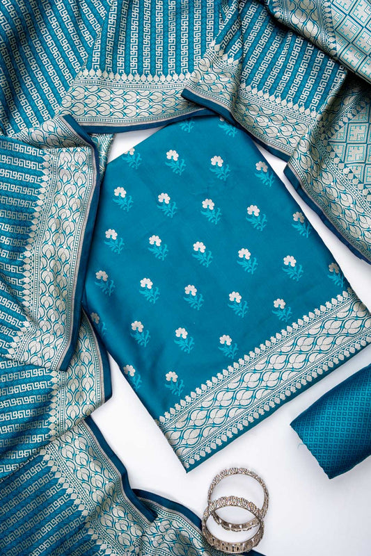 Rama Banarasi Silk Unstitched Salwar Suit With Silk Dupatta