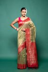 Pista Cotton Zari Border Saree With Unstitched Blouse