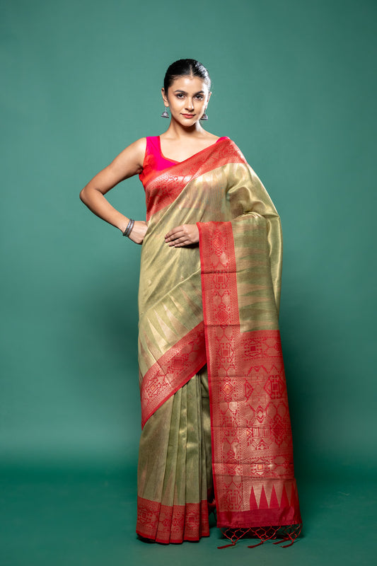 Pista Cotton Zari Border Saree With Unstitched Blouse